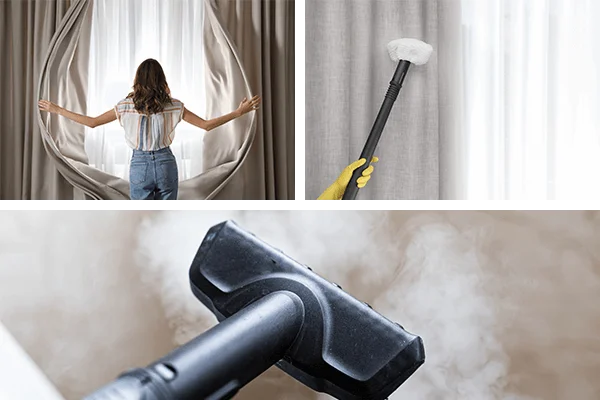 Curtain cleaning by Fresho Cleaning Services in Qatar with Vaccuum and steam cleaner.